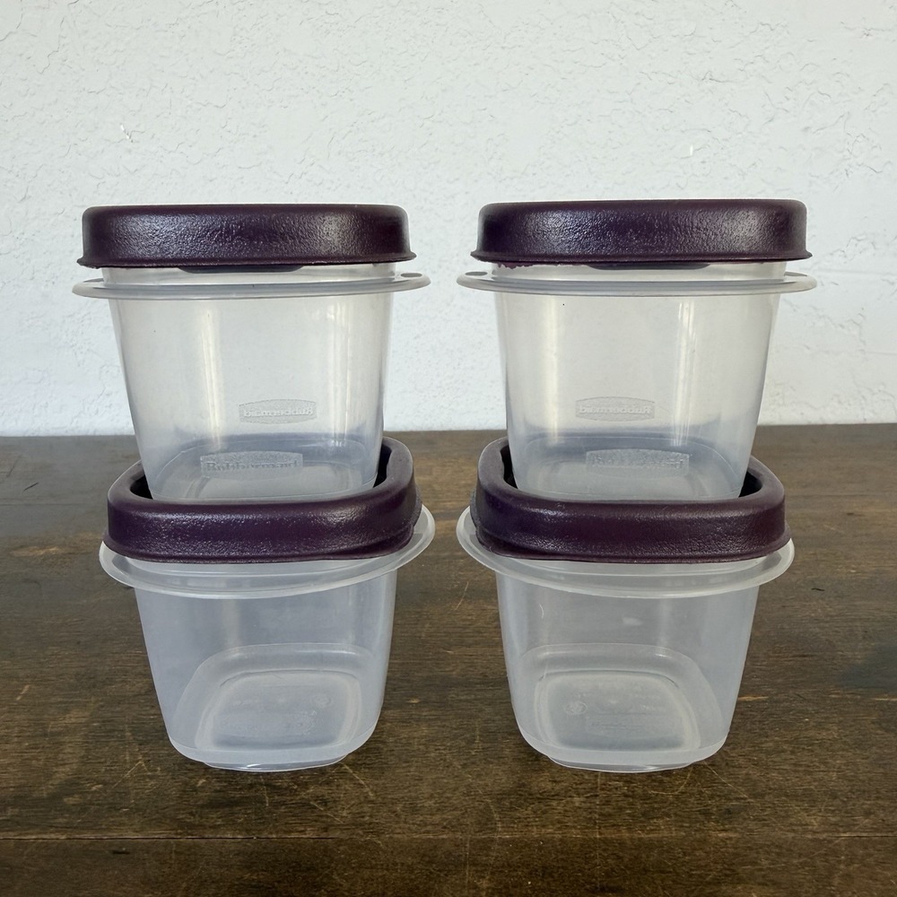 Lot of 4 - 4 OZ 118ml‎ RUBBERMAID 7J53 Clear CONTAINERS with PURPLE LIDS